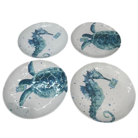 Sigrid Olsen Blue Watercolor Seahorse Turtle MELAMINE 6” Dinner Plates Set Of 4 - Picture 1 of 4